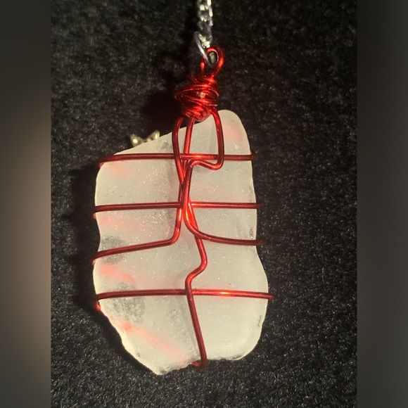 Seaglass Key Chain White Wrapped in Red Wire with Gold Star Cape Breton Island - Picture 5 of 5